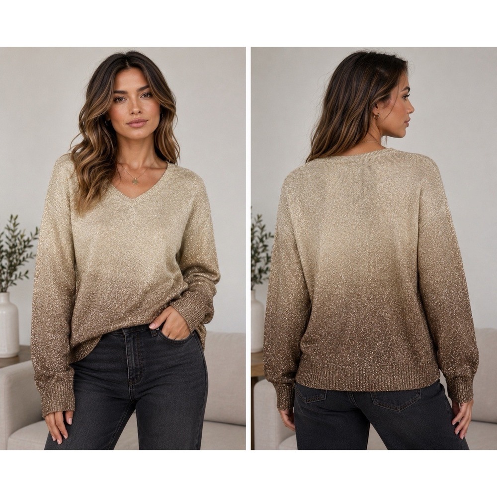 Chicos Gold Metallic Ombre V-Neck Sweater Long Sleeve Size 1 Medium Sparkle Top